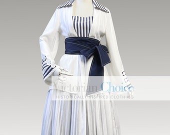 1910s Edwardian Vintage Blue and White Dress Suit, Titanic Boarding Dress, Downton Abbey Day Dress, Period Drama Theater Costume Clothing