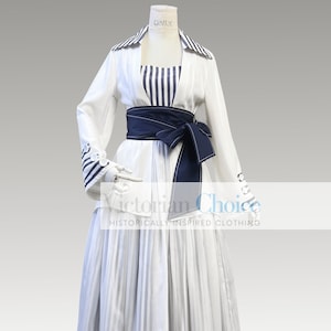 1910s Edwardian Holiday Vintage Blue and White Dress 3PC Suit, Titanic Boarding Dress Downton Abbey Day Dress, Period Drama Theater Clothing