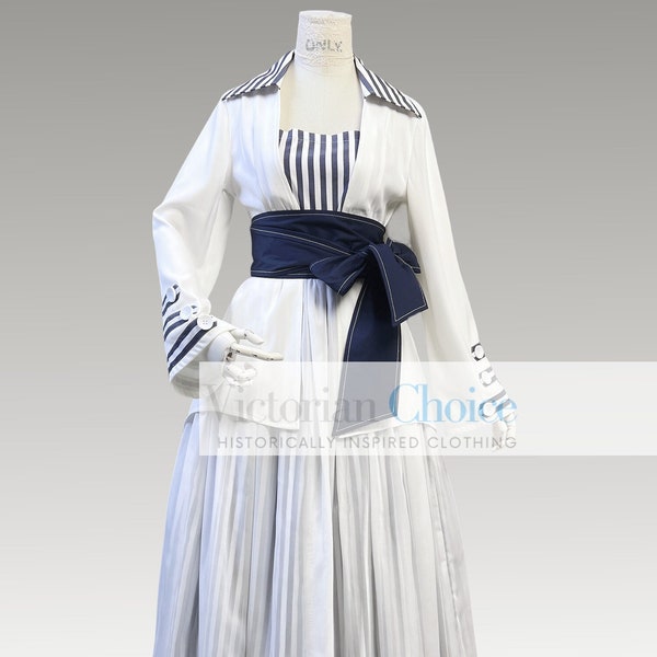 1910s Edwardian Vintage Blue and White Dress Suit, Titanic Boarding Dress, Downton Abbey Day Dress, Period Drama Theater Costume Clothing