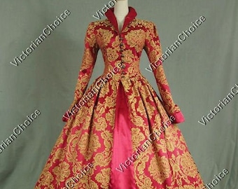 May include: A red and gold brocade ball gown with a long skirt and long sleeves. The gown has a fitted bodice and a full skirt.