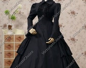 Black Victorian Gothic Maid Dress Cotton Tiered Ruffles Theater Steampunk Gown Costume