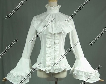 White Victorian Gothic Women Romantic Cotton Blouse Jabot, Georgian Style Jabot Shirt, Steampunk Punk Gothic Long Sleeve Cotton Shirt Top