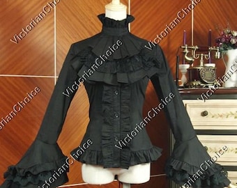 Black Victorian Gothic Women Cotton Blouse Jabot, Georgian Style Jabot Shirt, Steampunk Punk Gothic Girl Cosplay Shirt Top Theater Costume