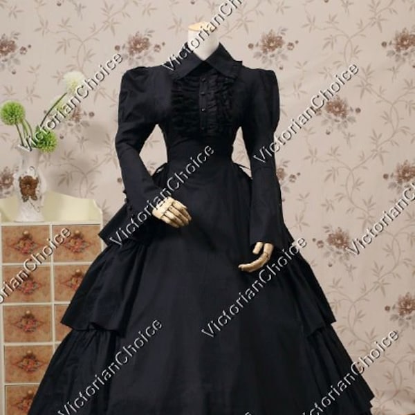 Black Victorian Gothic Cotton Maid Dress, Civil War Southern Belle Tiered Ruffles Ball Gown, Steampunk 19th Century Fantasy Theater Clothing