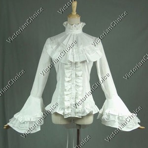 White Victorian Gothic Women Romantic Cotton Blouse Jabot, Georgian Style Jabot Shirt, Steampunk Punk Goth Long Sleeve Cotton Shirt Top