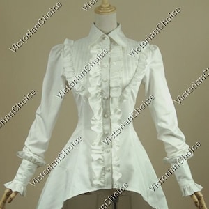 White Ladies Victorian Shirt Top, Vintage Edwardian Suffragette Blouse, Steampunk Gothic Romantic Ruffled Long Sleeve Cotton Shirt Theater