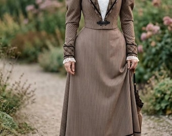 1890s 1900s Late Victorian Gilded Era Edwardian 2PC Dress, Cotton Blend Jacket Skirt, Evil Horror Countess Haunted Manor Halloween Costume