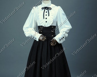 Victorian Edwardian Vintage Gothic Steampunk 2PC White Black Shirt Skirt Dress Set, Gothic Girl Murder Mystery Party Dress, Theater Costume