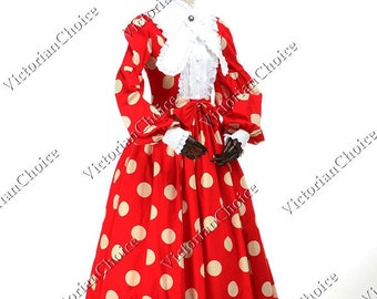 Victorian Christmas Holiday Festive Ball Gown, Red and White Cotton Historical Vintage Dress, Fairytale Fantasy Princess Dress Theater Wear