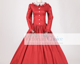 Red Victorian Christmas Vintage Holiday Dress, Dickens Faire Women Costume, Little Women Pioneer Women Frontier Dress, Theater Costume