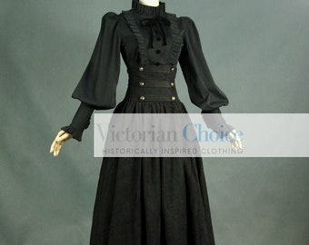 Black Edwardian Gothic Girl Steampunk 2PC Dress Set, Penny Dreadful Costume, Miss Darkness Punk Girl Dress, Witch Halloween Costume