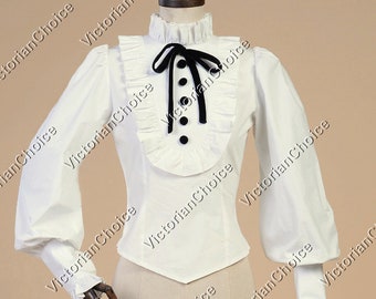 White Ladies Victorian Edwardian Vintage Shirt, Suffragette Blouse Top, Steampunk Ruffled Long Sleeve Shirt, Theatrical Costume