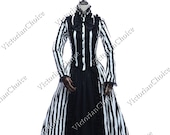 Gothic Victorian Steampunk Punk Black and White Striped Dress Women Beetlejuice Comic Con Theatrical Costume