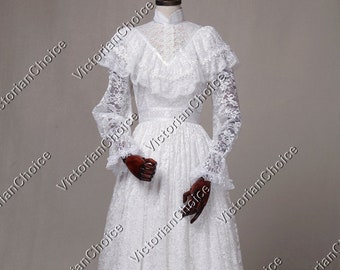 White Premium Lace Overlay Victorian Wedding Dress, Edwardian Vintage Bridal Gown, Victorian Ghost Bride Adult Women Halloween Costume