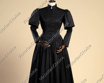 Black Victorian Maid Dickens Frock Dress, Victorian Mourning Dress, Wicked Witch Halloween Costume for Women, Black Gothic Horror Costume