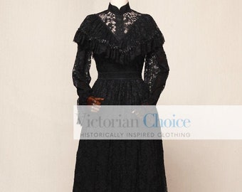 Black Gothic Victorian Edwardian Vintage Premium Lace Overlay Dress,  Penny Dreadful Vanessa Ives Costume, Adult Witch Halloween Costume