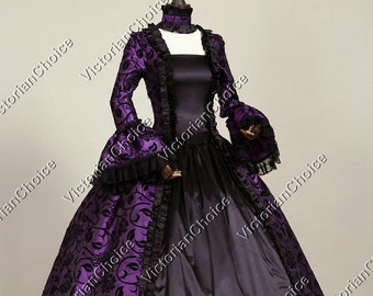 May include: A purple and black Victorian-style gown with a fitted bodice and a full skirt. The gown has a lace trim and a floral pattern.