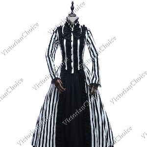 Gothic Victorian Steampunk Black and White Dress, Beetlejuice Adult Women Cosplay Halloween Costume, Comic Con Steampunk Gothic Girl Costume