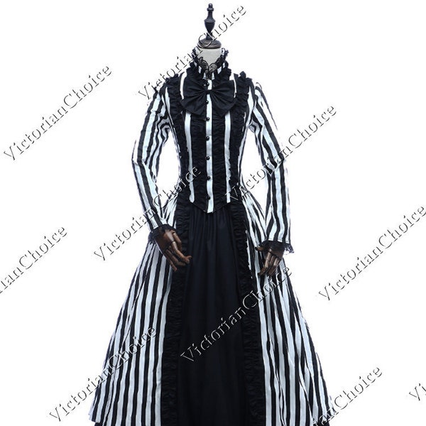 Gothic Viktorianischen Steampunk Schwarz und Weiß Kleid, Beetlejuice Erwachsene Frauen Cosplay Halloween Kostüm, Comic Con Steampunk Gothic Mädchen Kostüm