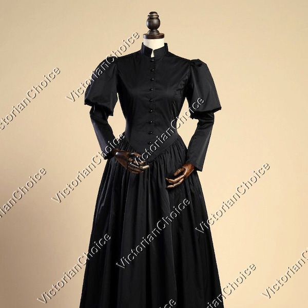 Black Victorian Dickens Era Frock Dress, Victorian Maid Mourning Dress, Gothic Steampunk Evil Queen Wicked Witch Halloween Costume for Women