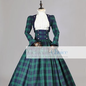 Victorian Dickens Christmas Caroler Caroling Tartan Dress, Blouse, Jacket, High Waisted Skirt 3PC Suit, Old Fashioned Christmas Clothing