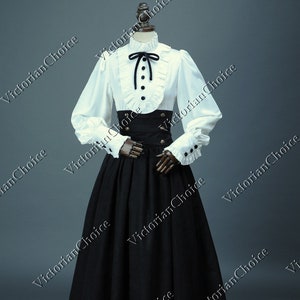 Victorian Edwardian Vintage Gothic Steampunk 2PC White Black Shirt Skirt Dress Set, Gothic Girl Murder Mystery Party Dress, Theater Costume