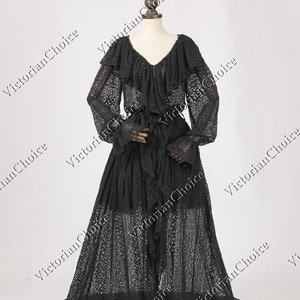 Edwardian Victorian Open Lace Vintage Black Romantic Robe Dress with Train,  Victorian Gothic Horror Robe, Witch Halloween Costume for Women