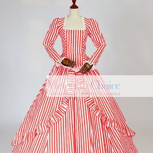Victorian Red and White Mrs. Claus Dress, Civil War Premium Cotton Masquerade Gown, Vintage Southern Belle Stripe Theatrical Period Costume