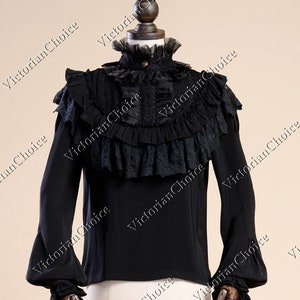 Women&#39;s Black Victorian Edwardian Vintage Shirt with Ruffled Collar, Gothic Girl Steampunk Cosplay Shirt Top, Dark Fantasy Theater Costume