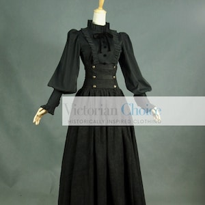 Black Edwardian Gothic Girl Steampunk 2PC Dress Set, Penny Dreadful Costume, Miss Darkness Dark Fantasy Punk Girl Dress, Theater Clothing