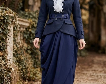 Late Victorian Edwardian 1890S 1900s Dress 4PC Wool Blend Jacket Draped Skirt Jabot Evil Queen Haunted Governess Witch Halloween Costume