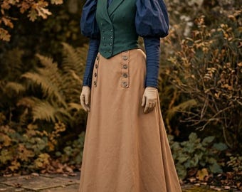 Victorian Edwardian Gilded Era 1890s 1900s 3PC Blue Puff Sleeve Blouse, Vest, Walking Skirt Suit Dress with Train, Historical Theater Wear