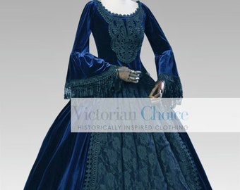 High Quality Velvet Renaissance Faire Dress, Navy Blue Victorian Regal Queen Ball Gown, Fancy Fairytale Princess Velvet Theater Costume