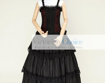 Black Victorian Steampunk Lace Overlay Corset Tiered Ruffle Skirt Dress, Dark Fantasy Gothic Girl Horror Gown, Vampire Halloween Costume
