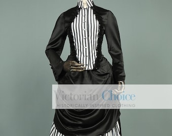 Victorian Edwardian Black Striped Bustle Dress, 1890 1900s Black Gothic Steampunk Riding Habit Murder Mystery Horror Witch Halloween Costume