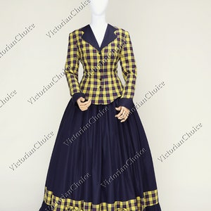 Yellow Victorian Charles Dickens Tartan Dress, Civil War Little Women Dress, Wild West Frontier Pioneer Period Drama Theater Clothing