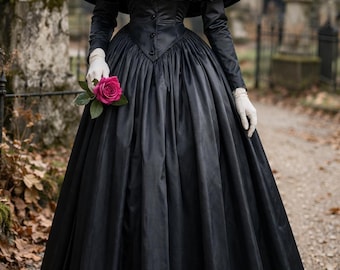 Black Victorian Dickens Frock Velvet Cape Dress, Gothic Steampunk Victorian Mourning Dress, Horror Haunted Countess Witch Halloween Costume