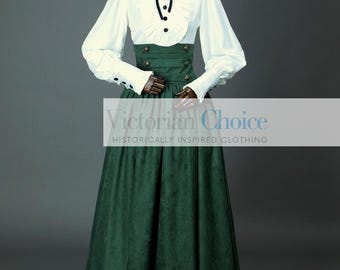 Victorian Edwardian Vintage Gothic Steampunk 2PC White Green Shirt Skirt Dress Set, Gothic Girl Murder Mystery Ghost Halloween Costume