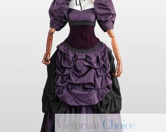 Purple Victorian 1880s 1890s Cotton and Velvet Corset Bustle Ball Gown, Fantasy Steampunk Dress, Horror Evil Doll Witch Halloween Costume