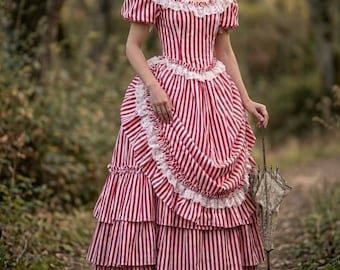 Red and White Victorian Gilded Era 1880s 1890s French Bustle Cotton Evening Gown, Victorian Vampire Haunted Governess Halloween Costume