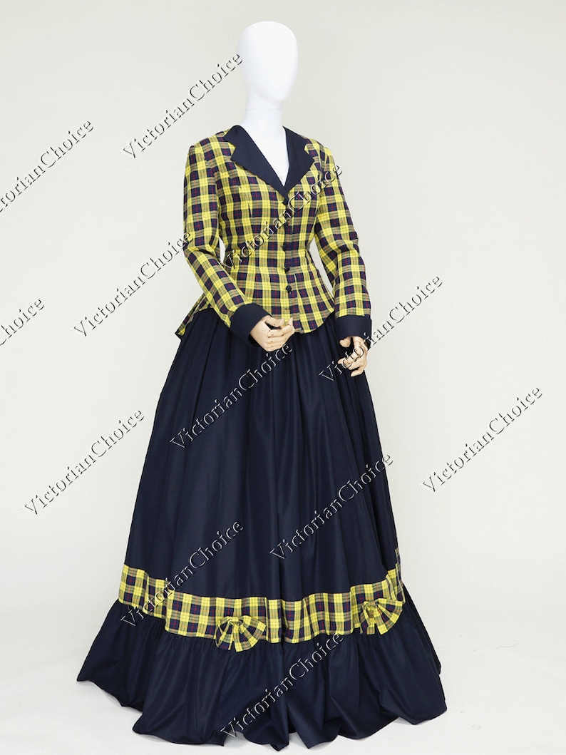 1860s Dress, 1860s Costumes for Sale Civil War Victorian Yellow Charles Dickens Faire Christmas Carol Caroler Tartan Dress Theater Women Costume $165.00 AT vintagedancer.com