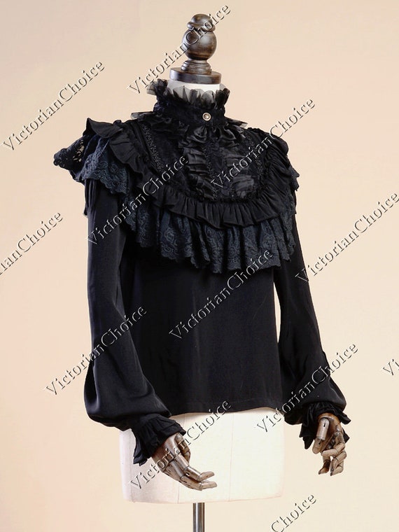 Women's Black Victorian Edwardian Vintage Shirt With Ruffled
