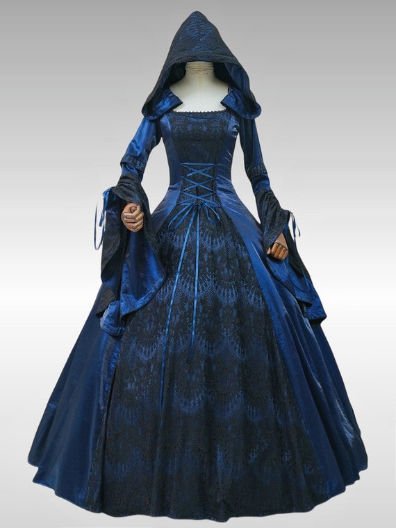 dark blue dress costume ideas Navy Medieval Lady Renaissance Fair Hooded Dress, Queen Princess Hooded Gown, Fantasy Fairytale Witch Evil Queen Halloween Quality Victorian gown (cotton
