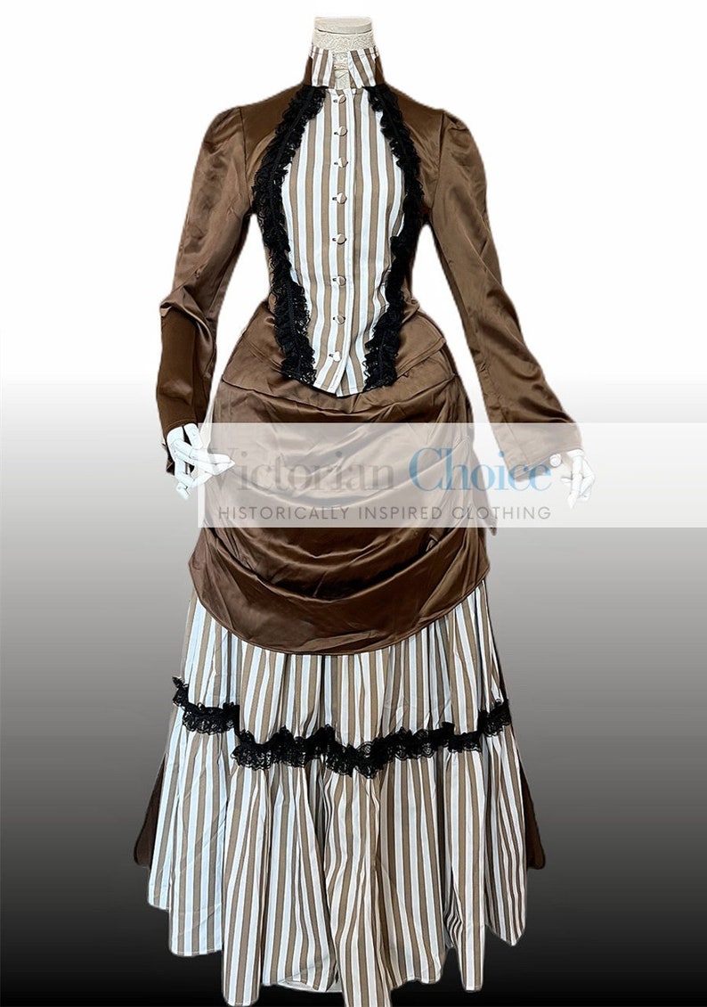 Victorian Dresses | Victorian Ballgowns | Victorian Clothing     Victorian Bustle Dress Edwardian Bustle Dress 1900s Dress Downton Abbey Costume Brown Stripes Gothic Steampunk Costume Riding Habit  AT vintagedancer.com