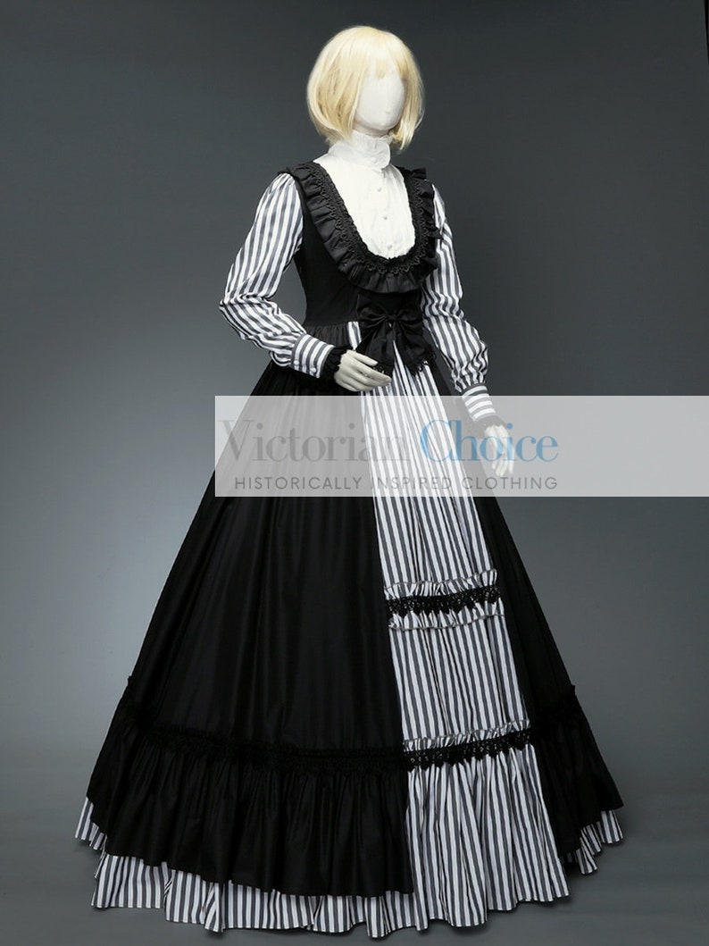 Victorian Dresses | Victorian Ballgowns | Victorian Clothing     Victorian Dress Civil War White and Black Striped Dress Dickens Faire Little Women Gown Prairie Pioneer Woman Dress Theater Costume $179.00 AT vintagedancer.com