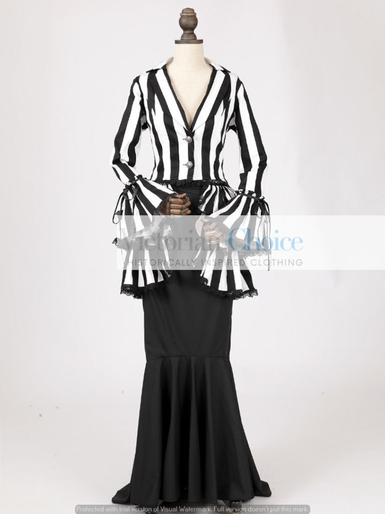 Edwardian Ladies Clothing – 1900, 1910s, Titanic Era     Victorian Edwardian 3PC Dress Black and White Stripe Form Fitting 3-PC Suit Dress Titanic Dress Downton Abbey Costume Theater Costume  AT vintagedancer.com