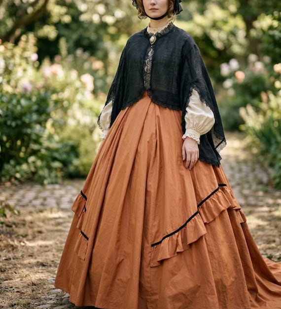 brown dress halloween ideas Victorian Civil War 19th Century 3PC Wrapper With Train, Southern Belle Little Women Dress, Pumpkin Color Witch Costume animal dress Date Night Dress India Lagoona Blue: Dress to Color:Mint-Green