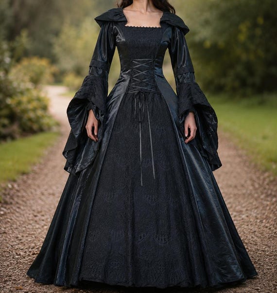 black medieval dress renaissance Lace Overlay Hooded Dress, Dark Fantasy Witchy Fairy Queen Princess Ball Gown, Witch Horror Halloween Costume Gomelly Women's Heels Low S/S Collection Catholic rulers were intended Size:M / 6