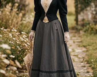 Victorian Gilded Era Edwardian 1890s Period Bustle Dress with a Train, Black and Gray Vintage Witch Dark Evil Countess Halloween Costume