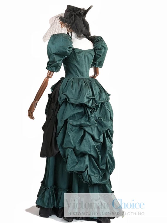 Green Victorian Princess Fantasy Cotton Velvet Corset Bustle Dress Period Drama Gothic Queen Theater Costume (Size: S)
